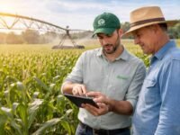 Técnico rural orientando produtor em lavoura com uso de tecnologia