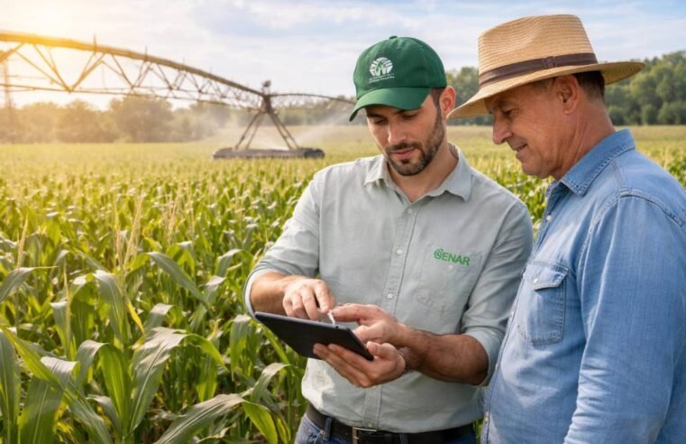 Técnico rural orientando produtor em lavoura com uso de tecnologia