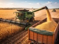 colheitadeira colhendo soja em lavoura brasileira durante safra